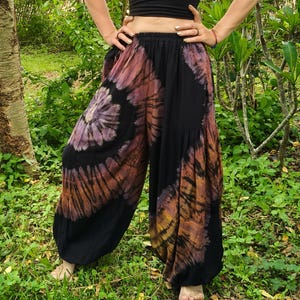 Purple Swirl Tie Dye Harem Pants by Lotus Tribe loose and baggy joggers with elastic waist and ankles 100% silky rayon with matching halters