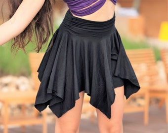 Pixie Skirt 2.0 in Onyx by Lotus Tribe has adjustable fold top waist band-Revised design-more points-now available in two sizes. Fits XS-XXL