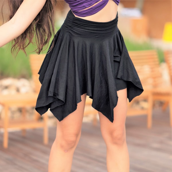 Pixie Skirt 2.0 in Onyx by Lotus Tribe has adjustable fold top waist band-Revised design-more points-now available in two sizes. Fits XS-XXL