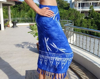 Blue Sarong with Dragonflies by Lotus Tribe can be worn as a Wrap Skirt, Dress, Scarf, Shaw, Beach Towel, Swim Cover Up, Table Cloth, Gift