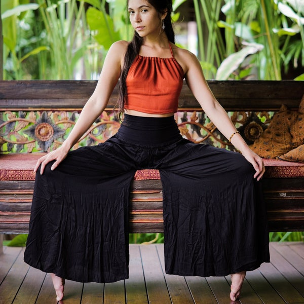 Persephone Palazzo Pants in Onyx by Lotus Tribe~ Made of tree pulp eco Lyocell fabric, silky, luxurious, flowy with stretchy waist fits 0-14