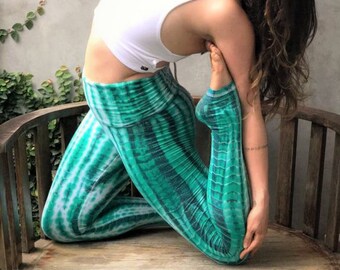 Aqua Tie Dye Yoga Pants by Lotus Tribe with Fold Top or High Waist