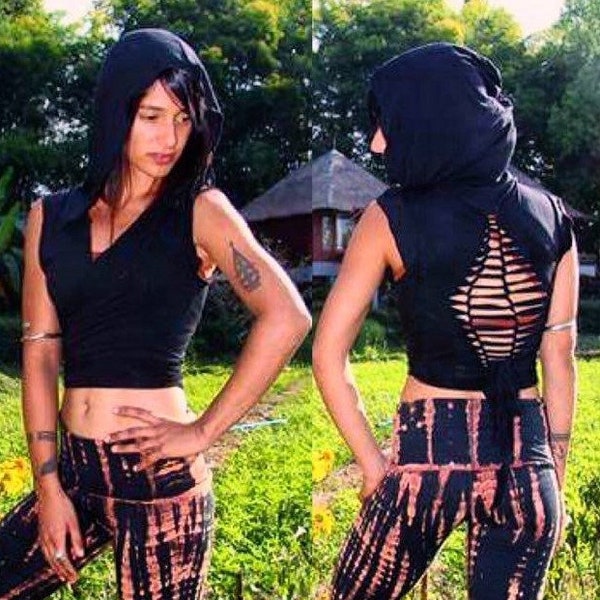 Onyx Kapuzen Wickelweste: Schwarzer Stretch Hoodie Ärmellose Jacke Crop Top