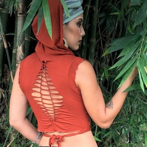 Hoody Wrap Vest in RUST by Lotus Tribe has versatile design can be tied in front, wrapped around and tied in back or layered and worn over image 1