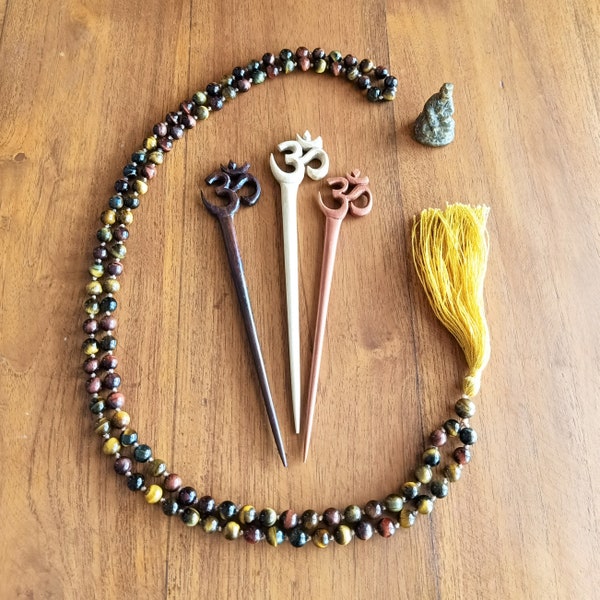 Carved Wooden Om Hair Sticks by Lotus Tribe -Handmade carved in 3D available in 3 shades of wood. Great gift for the yoga lover in your life