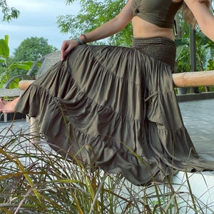 Aphrodite Tiered Skirt with Pockets in Sage by Lotus Tribe - one size fits all.  Made of sustainable tree pulp Lyocell fabric. Vegan silk.