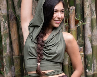 Devi Top in SAGE by Lotus Tribe - Festival Hoody Backless Wrap Top soft and stretchy. One size fits all. Psy Goa Fairy Hippie Pixie Top