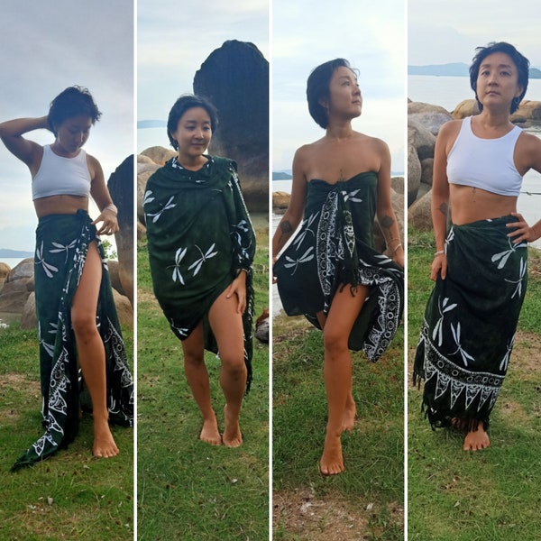 Green Sarong with Dragonflies by Lotus Tribe can be worn as a Wrap Skirt, Dress, Scarf, Shaw, Beach Towel, Swim Cover Up, Table Cloth, Gift