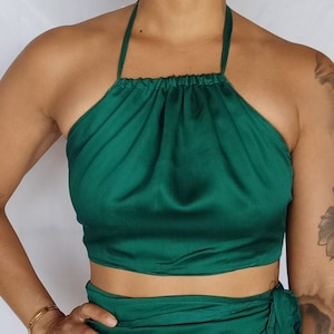 Halter Top in Forest by Lotus Tribe - one size fits XS-XL adjustable fit ties at neck and back. Made of sustainable tree pulp Lyocell fabric