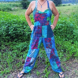 Patchwork Overalls by Lotus Tribe 100% Rayon hippy style baggy dungarees with coconut buttons and adjustable buckle straps. Size Small - XXL
