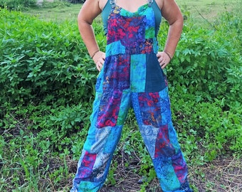 Patchwork Overalls by Lotus Tribe 100% Rayon hippy style baggy dungarees with coconut buttons and adjustable buckle straps. Size Small - XXL