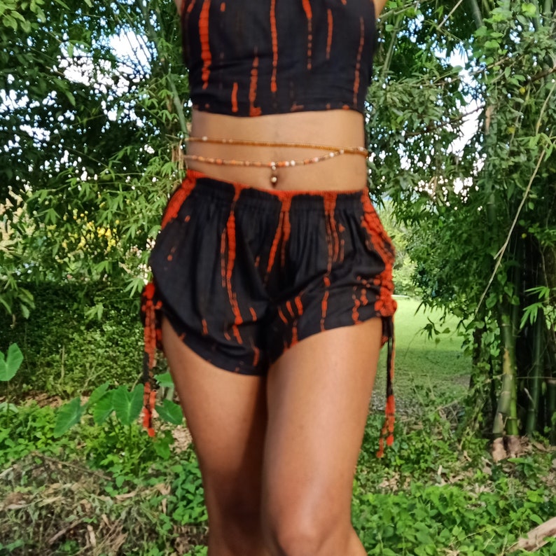 Fire Tie Dye Baggy Shorts: Elastic Waist Cinch Sides by Lotus Tribe Fire