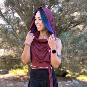 Devi Crop Top in Garnet by Lotus Tribe -  Festival Hoody Backless Wrap Top soft and stretchy. One size fits all. Goa Fairy Hippie Pixie Top