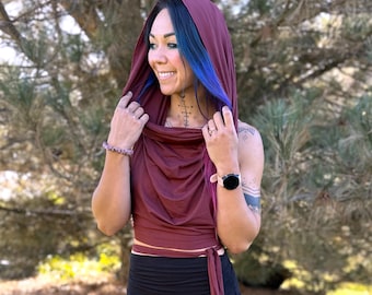 Burgundy Devi Top by Lotus Tribe Hoodie Crop - Backless Crop can be worn with cowl neck or hood