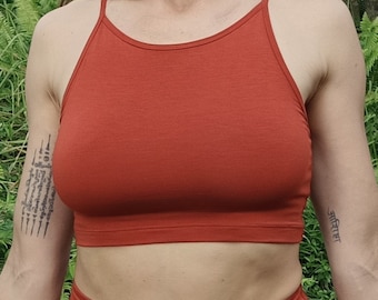 Rust Prana Bra by Lotus Tribe Clothing has built in support, full coverage and adjustable spaghetti straps perfect yoga, movement and life