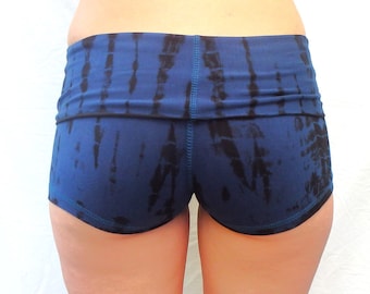 Midnight tie-dye yogashort: omgevouwen of hoge taille rekbaar natuurlijk katoen