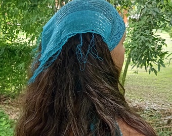 Cotton Gauze Boho Bandana Head Scarf with Silver Threads - 38" Square Head Wrap