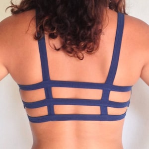 Trinity Sports Bra in COBALT by Lotus Tribe  with 3 horizontal back straps no added underband - soft fit with light support best for A-C cup