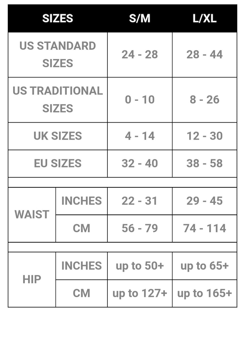 May include: A size chart for clothing with columns for S/M and L/XL sizes. The chart shows US standard sizes, US traditional sizes, UK sizes, EU sizes, waist measurements in inches and centimeters, and hip measurements in inches and centimeters.