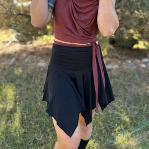 Pixie Skirt 2.0 in Rust by Lotus Tribe has adjustable fold top waist band-Revised design-more points-now available in two sizes. Fits XS-XXL Onyx