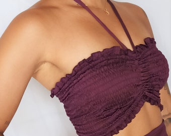 Tube Top in Plum by Lotus Tribe one size fits XS-XL with or without cinching and neck ties. Made of sustainable tree pulp Lyocell eco fabric
