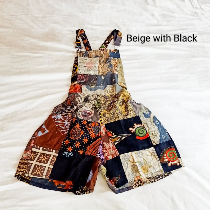 Patchwork Short Overalls by Lotus Tribe 100% cotton upcycled hippy style short overalls with adjustable buckle straps. HAND WASH ONLY image 6