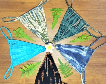 Tie Dye Thong Undies 5 Pack by Lotus Tribe - 5 Cotton Women's G Strings in Tie Dye 1 Each Fire, Rainforest, Jasper, Wildflower and Aqua.