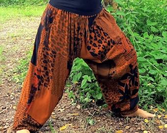 Brown Patchwork Genie Pants by Lotus Tribe 100% rayon gender neutral hippie yoga pant with elastic waist with 2 side pockets HAND WASH ONLY