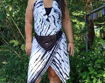 Wrap Dress/Backless Vest in Indigo Earth tie dye by Lotus Tribe-Versatile women's clothing stretchy fun summer wear perfect over a bikini