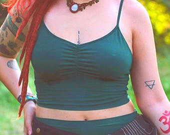 Blissed Out Crop in FOREST by Lotus Tribe / Stretchy Breathable Natural Fiber Crop Top with Built in Bra has Soft Fit for the Nature Goddess