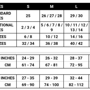 May include: Size chart for clothing with measurements in US standard, US traditional, UK, and EU sizes.  Measurements are also provided in inches and centimeters for waist and hip.
