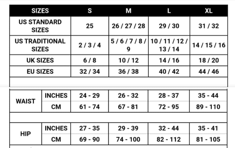 May include: Size chart for clothing with measurements in US standard, US traditional, UK, and EU sizes.  Measurements are also provided in inches and centimeters for waist and hip.