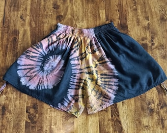 Purple Swirl Tie Dye Baggy Rayon Shorts: Elastic Waist Cinch Sides