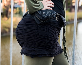 Onyx Ruffle Skirt by Lotus Tribe. Super stretchy design flattering for thicker & curvier goddesses-Cute summer mini or layered over leggings