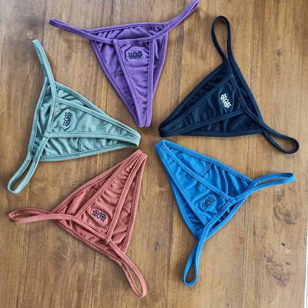 Thong Undies 5 Pack by Lotus Tribe - 5 Cotton Women's G Strings in Earth Tones 1 Each Rust, Sage, Cobalt, Plum and Onyx in breathable cotton