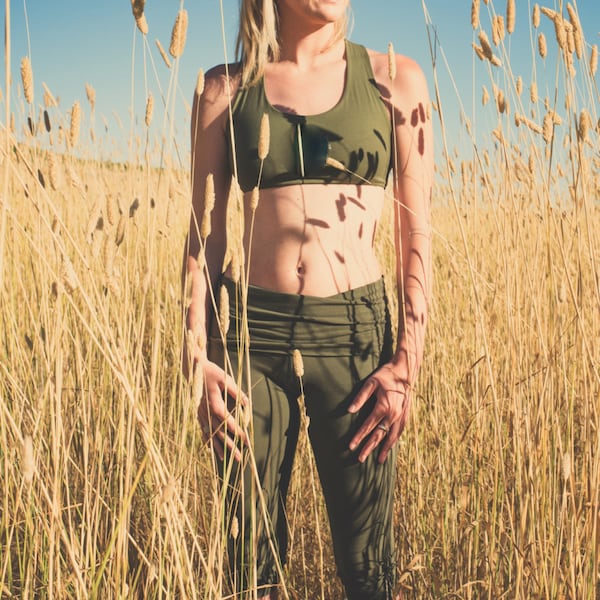 2 Piece Outfit in SAGE by Lotus Tribe includes One Baru Sports Bra and One 3/4 Length fold top Yoga Pant in soft stretchy breathable cotton