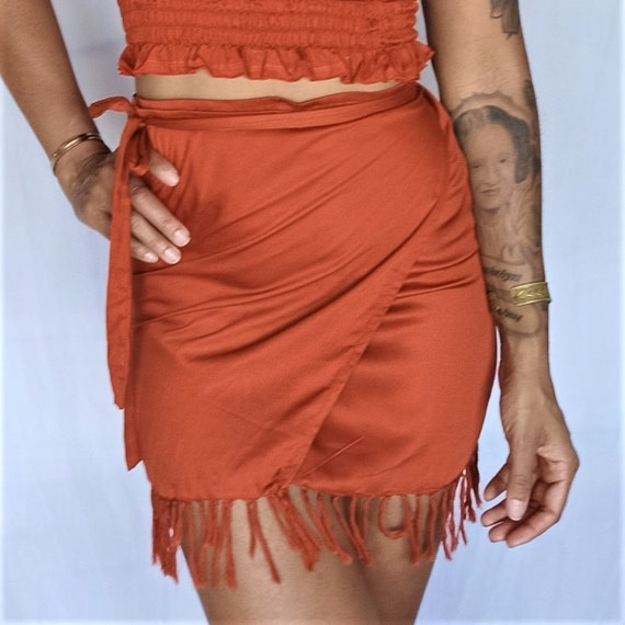 Rust Lyocell Wrap Mini Skirt: Sustainable Beach Cover-up Canada