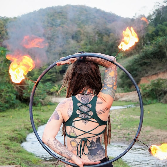 Forest Goddess Top: Green Cotton Yoga Festival Crop Top with Lace-Up Corset Back