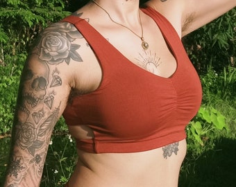 Dakini Bra in Rust by Lotus Tribe Clothing is a soft fitting style with light support. A cute, breathable natural fiber bra or festival top