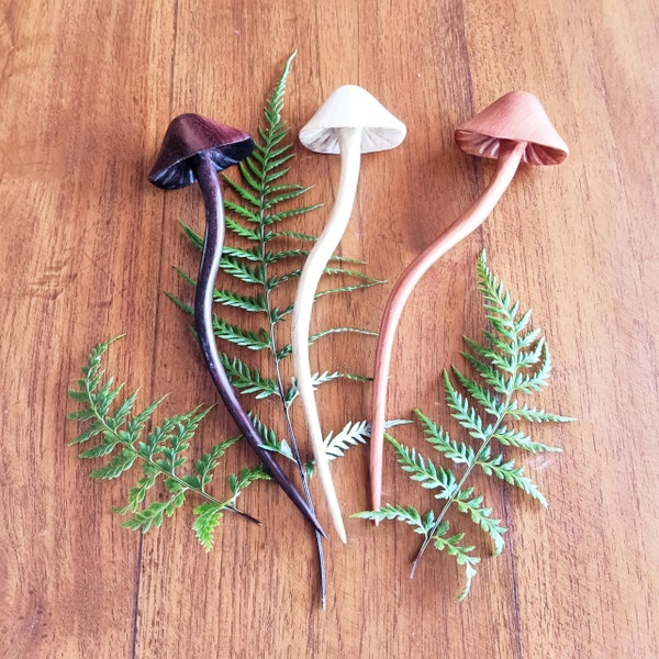 Carved Wooden Mushroom Hair Sticks by Lotus Tribe -Handmade double sided Shroom Hairsticks for forest fairies. nature lovers & witchy women
