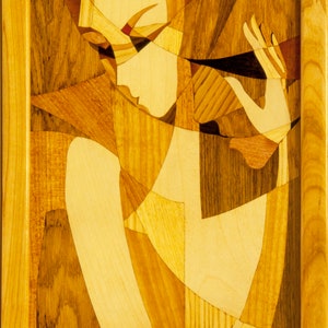Wood mosaic 25x14 inlay FRAMED Cubism marquetry panel boho framed home wall decor wall art hanging wood carving love ready to hang eco gift