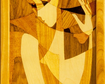 Wood Mosaic 25x14 Inlay FRAMED Cubism Marquetry Panel Boho