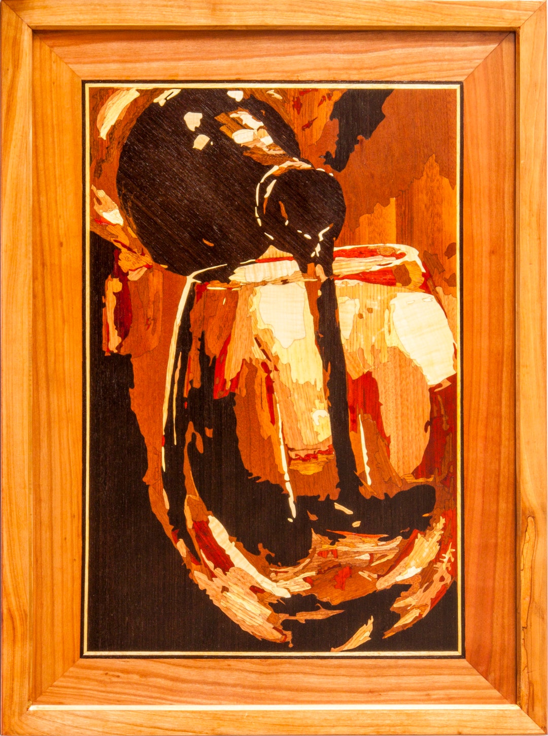 Wood Mosaic 28x21 Inlay FRAMED Wine Glass Still Life Veneer