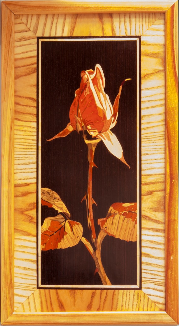 Wood Mosaic 26x15 Inlay FRAMED Rose Flowers Marquetry Wall Art
