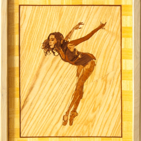 Ballet Dancer sculpture sur bois décoration intérieure style boho marqueterie incrustation encadrée image mur art panneau décoration maison cadeau bois mosaïque placage panneau