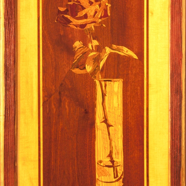 Rose verre nature morte encadré boho style photo bois placage incrustation marqueterie salon mur art décor à la maison cadeau bois mosaïque placage panneau