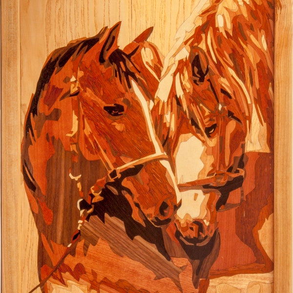 Cuadro de mosaico de madera de caballo, marquetería con incrustaciones de chapa, panel enmarcado, decoración del hogar, regalo ecológico, intarsia de mosaico de madera, panel de chapa de cuadro de caballo