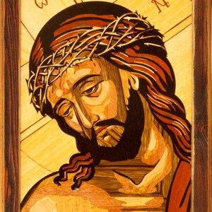 Wood mosaic 22x17 inlay FRAMED Jesus Christ Savior Orthodox Byzantine Christian our Lord Icon Wall religious art veneer panel Home Decor