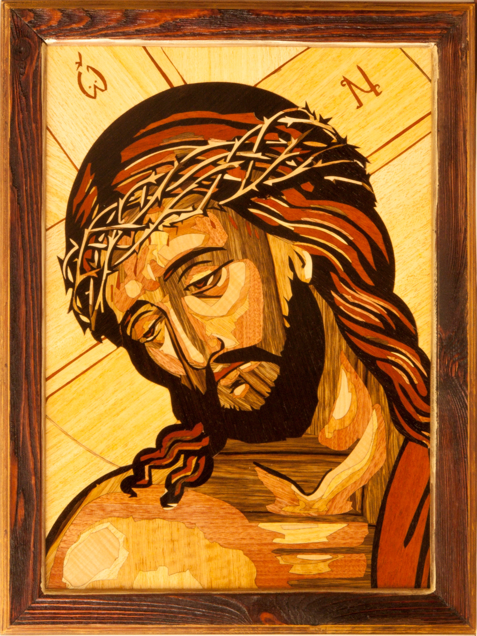 手描きのキリスト木製太陽アート Wood Mosaic 22x17 Inlay FRAMED Jesus Christ Savior Orthodox