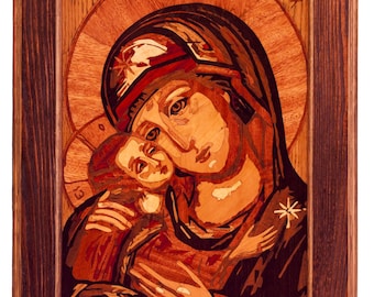 Wood mosaic 25x18 inlay FRAMED Mother Mary art Igorevskaya Orthodox Byzantine Christian God Mother Icon Home Decor Wall religious art panel